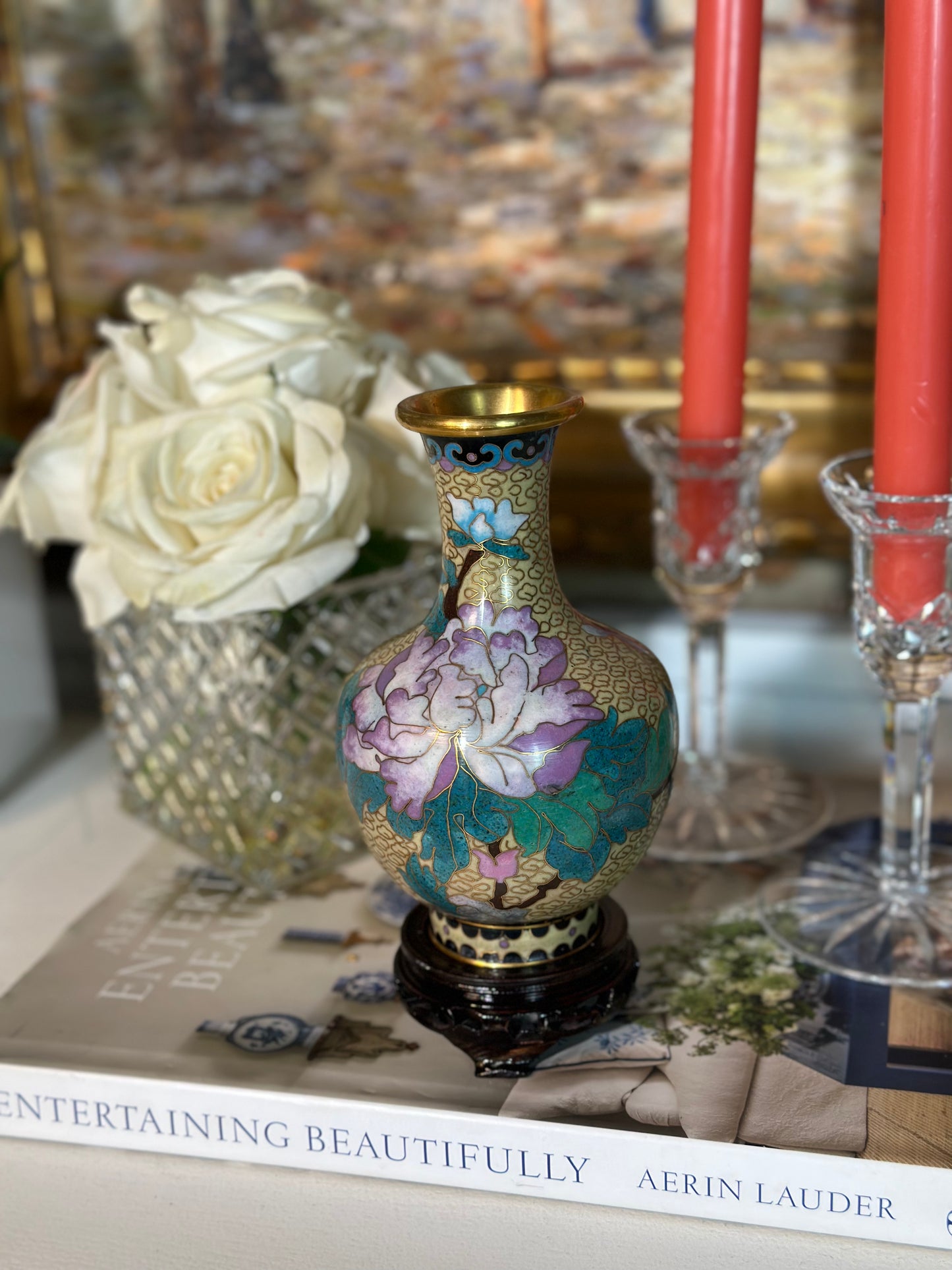 Vintage Cloisonné Purple Floral Vase W/ Stand, 7.5" Tall - Pristine!