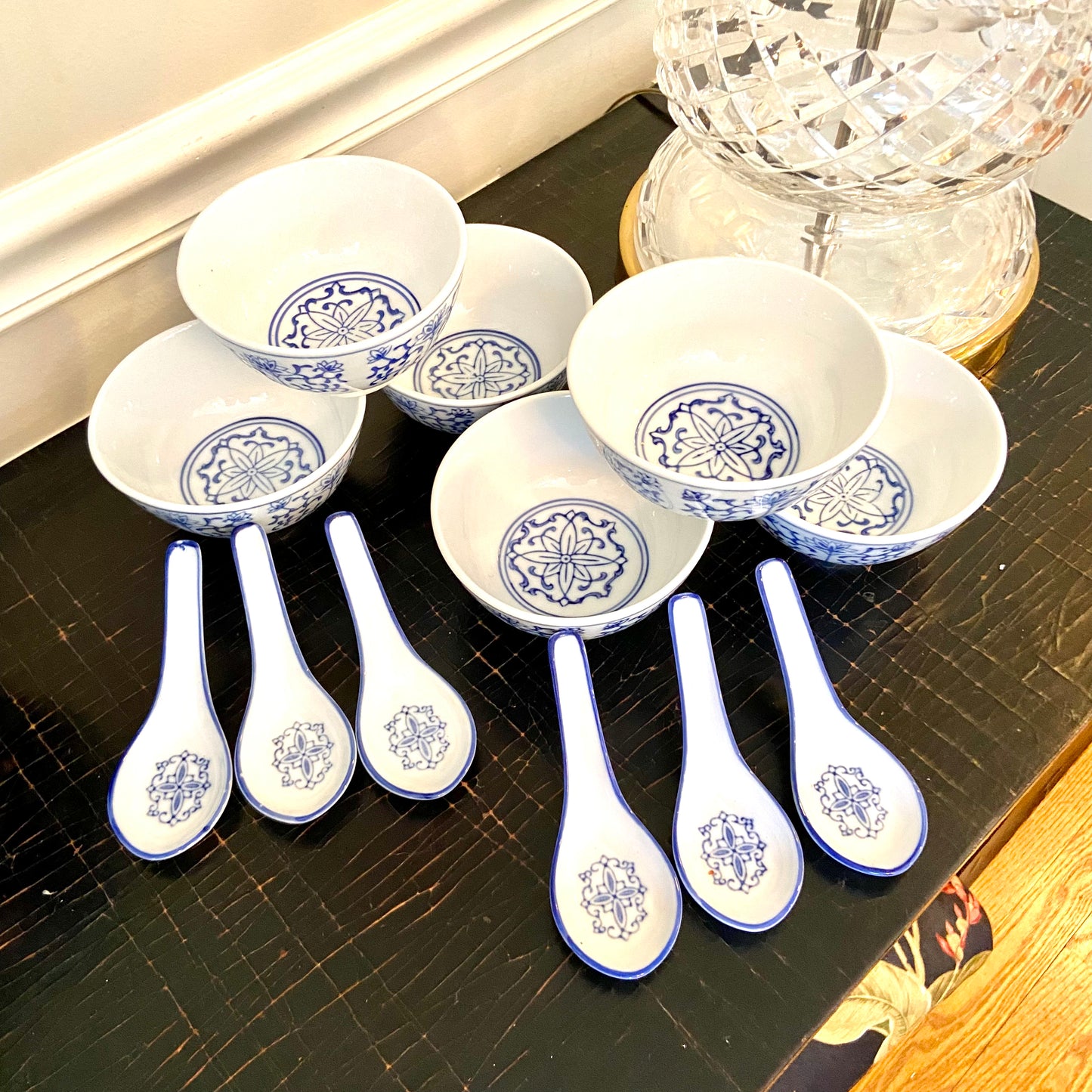 gorgeous vintage chinoiserie blue and white soup bowl set with spoons