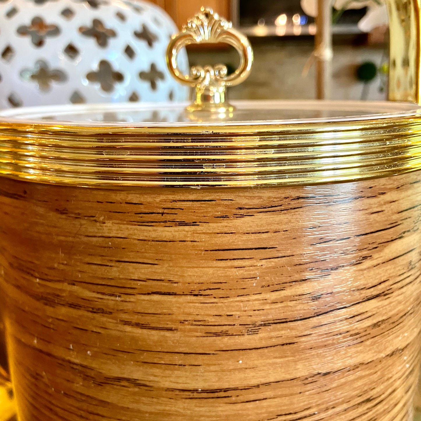 Vintage MCM wood grain & gold retro ice bucket