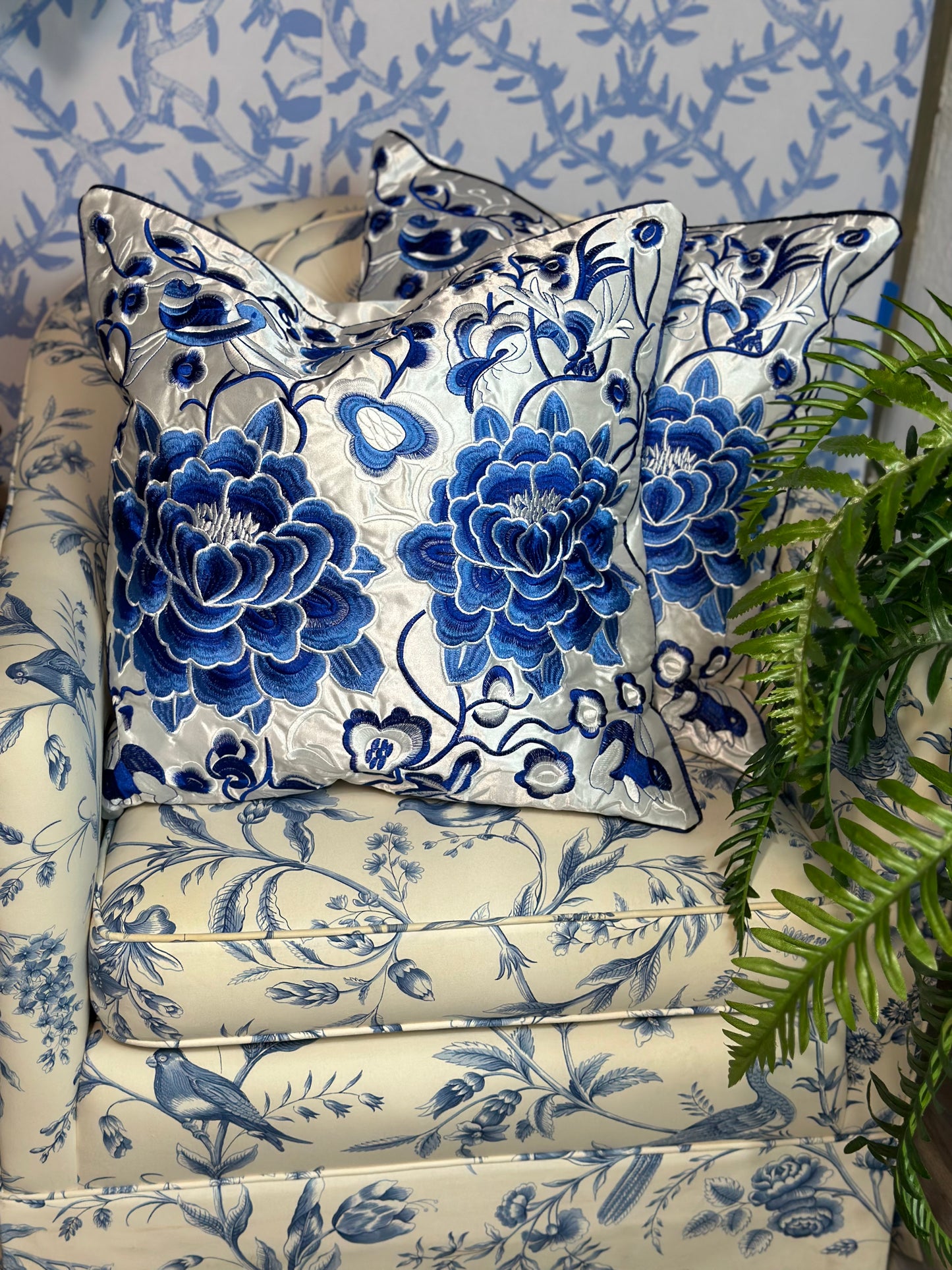 NEW - Blue & White, 20x20" Silk Peony Floral, Embroidered Pillow W/ Insert