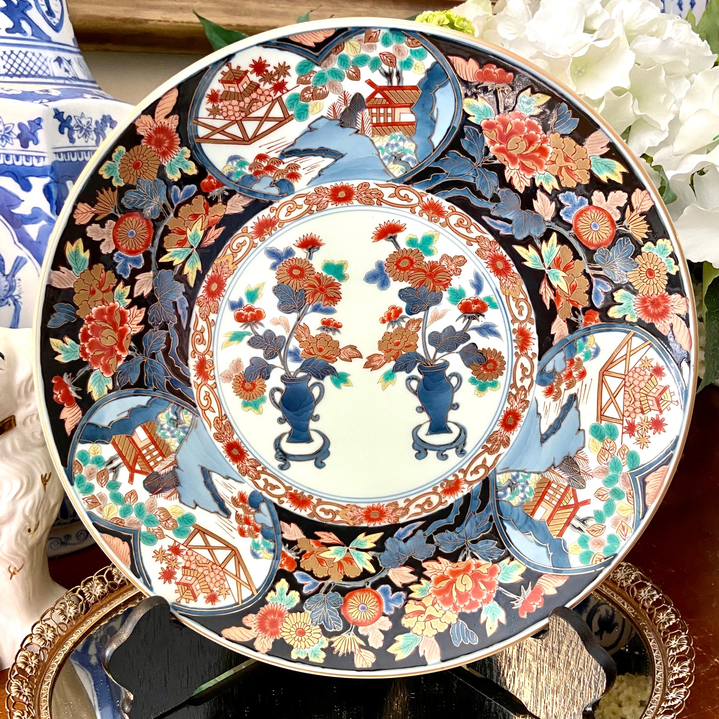 Stunning antique blue and white Imari style porcelain large platter