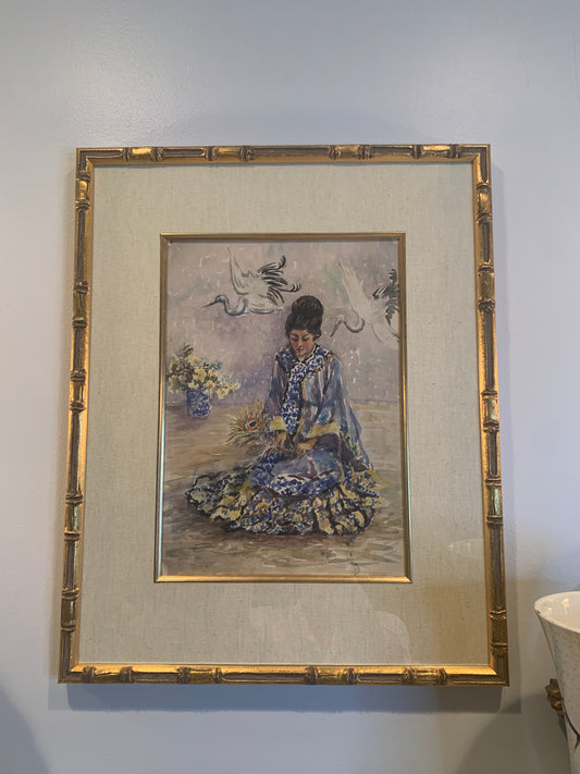 Gold Bamboo framed Watercolor of Seated Asian Woman with peacock feather