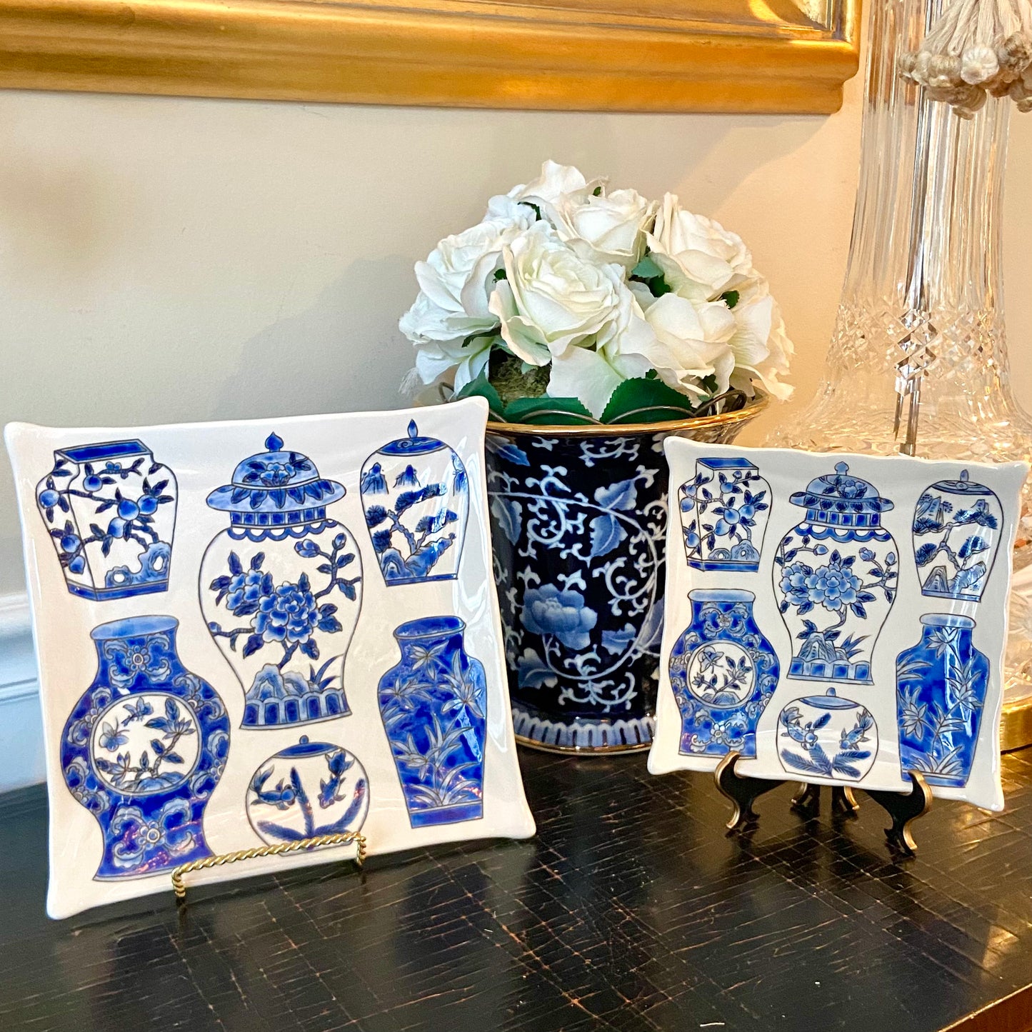 Set of two vintage blue & white ginger jar chinoiserie chic designer plates.