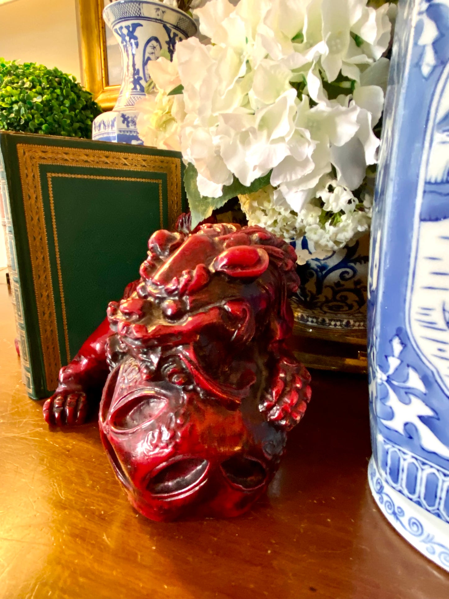 Incredible set antique carved chinoiserie robust red Foo dog statue bookends.