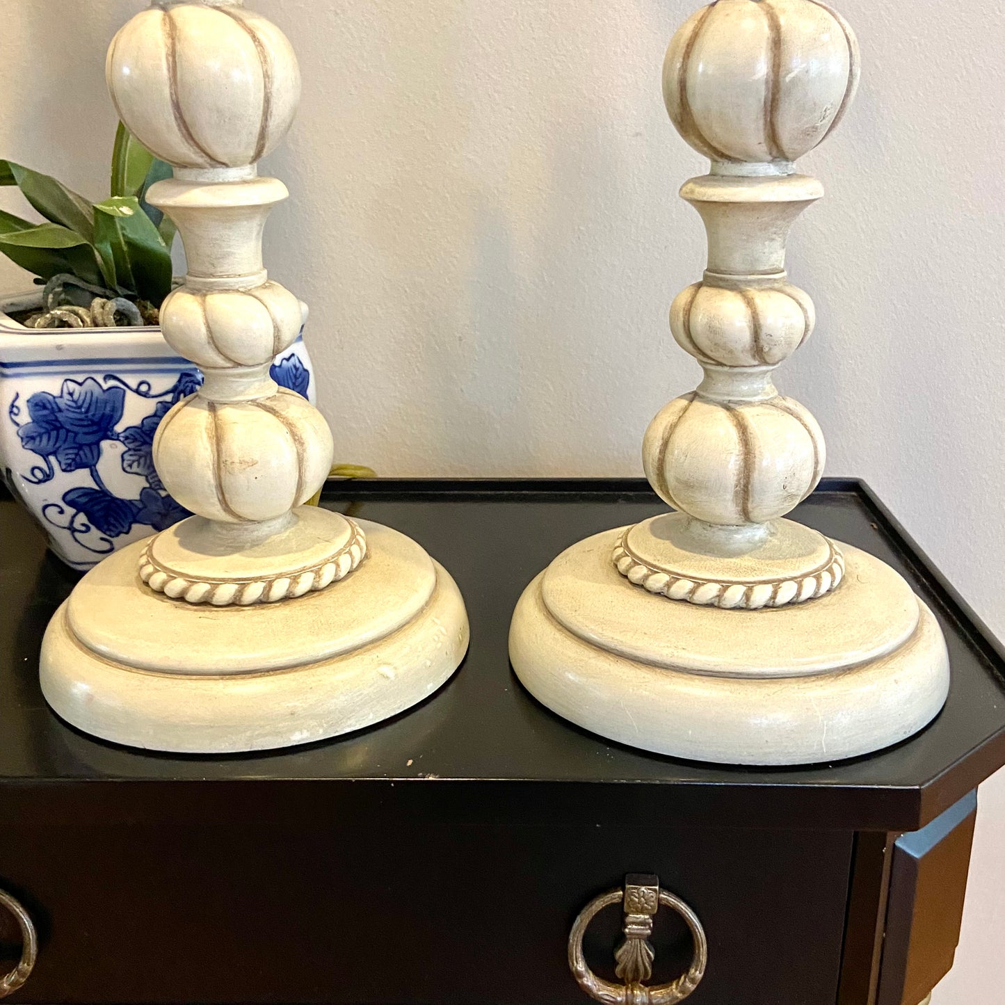 Pair of rustic French farmhouse statuesque ivory vintage lamps.
