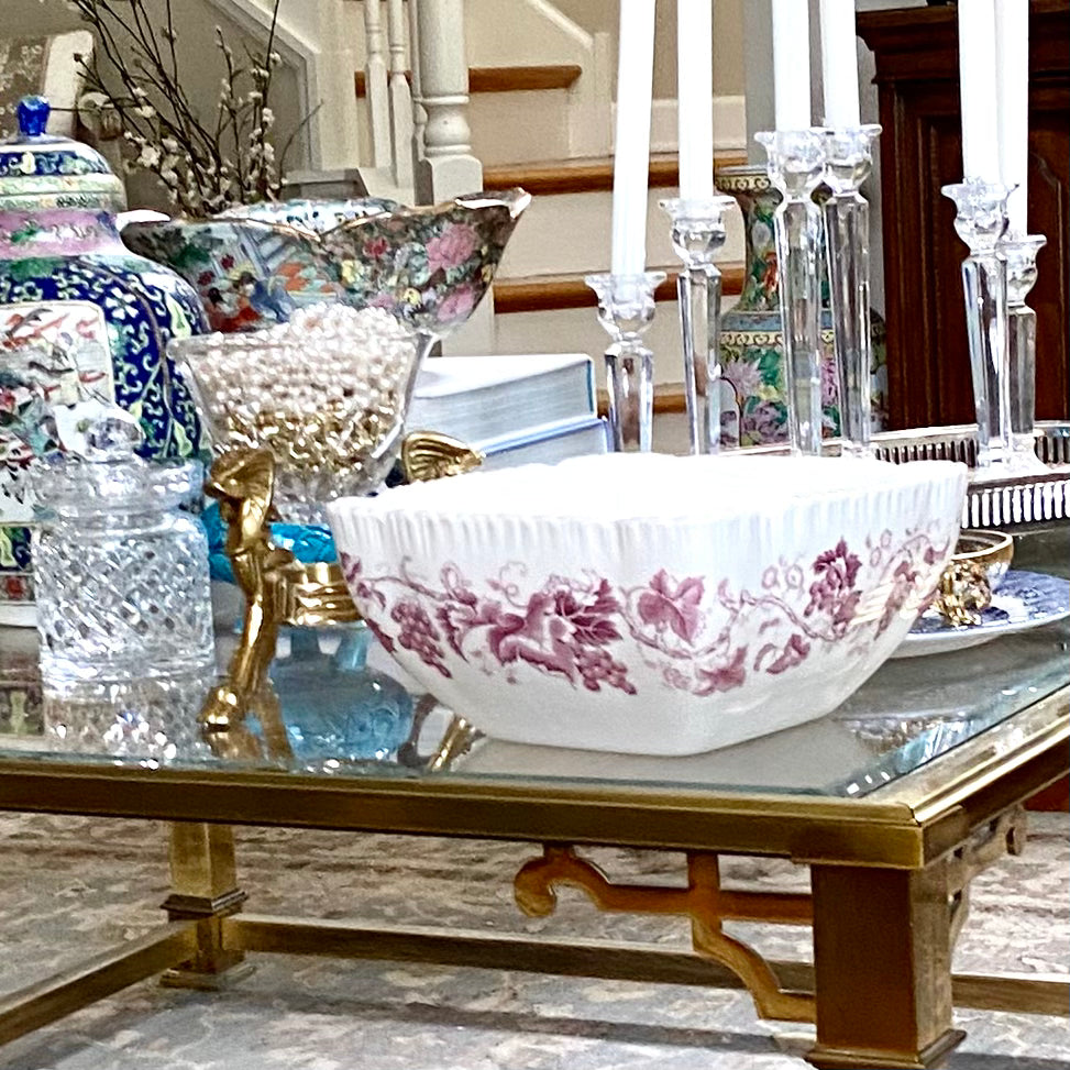 Aged vintage designer Wedgwood pink & white centerpiece bowl in “old vine”