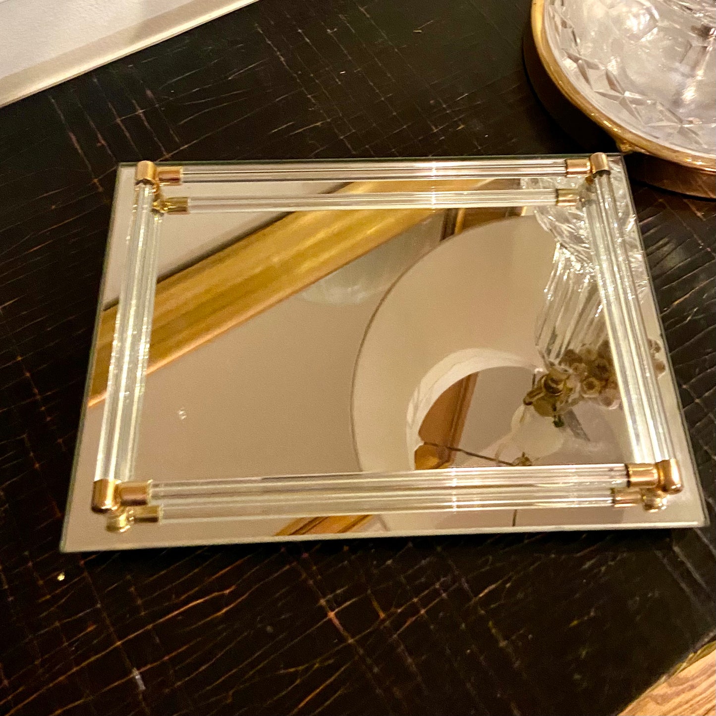 Vintage mirrored vanity or bar tray with brass and glass rails.