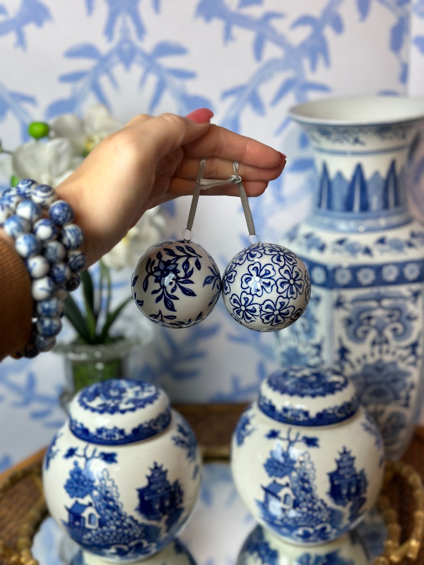PRE SALE - Set (6) Blue & White Chinoiserie Porcelain Ornaments, 2.5" Wide