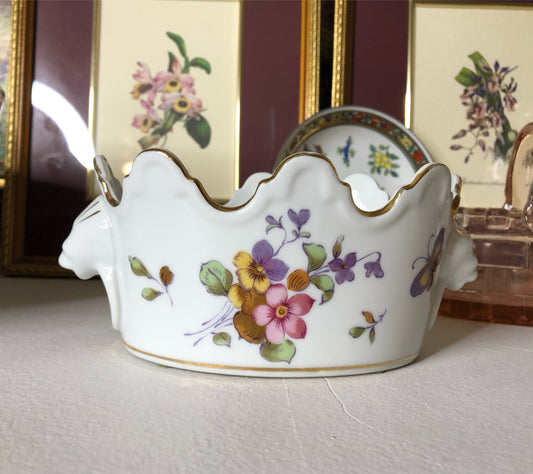 Vintage Andrea by Sadek scalloped oval cache pot with flowers, butterflies, and lion handles - Excellent condition!