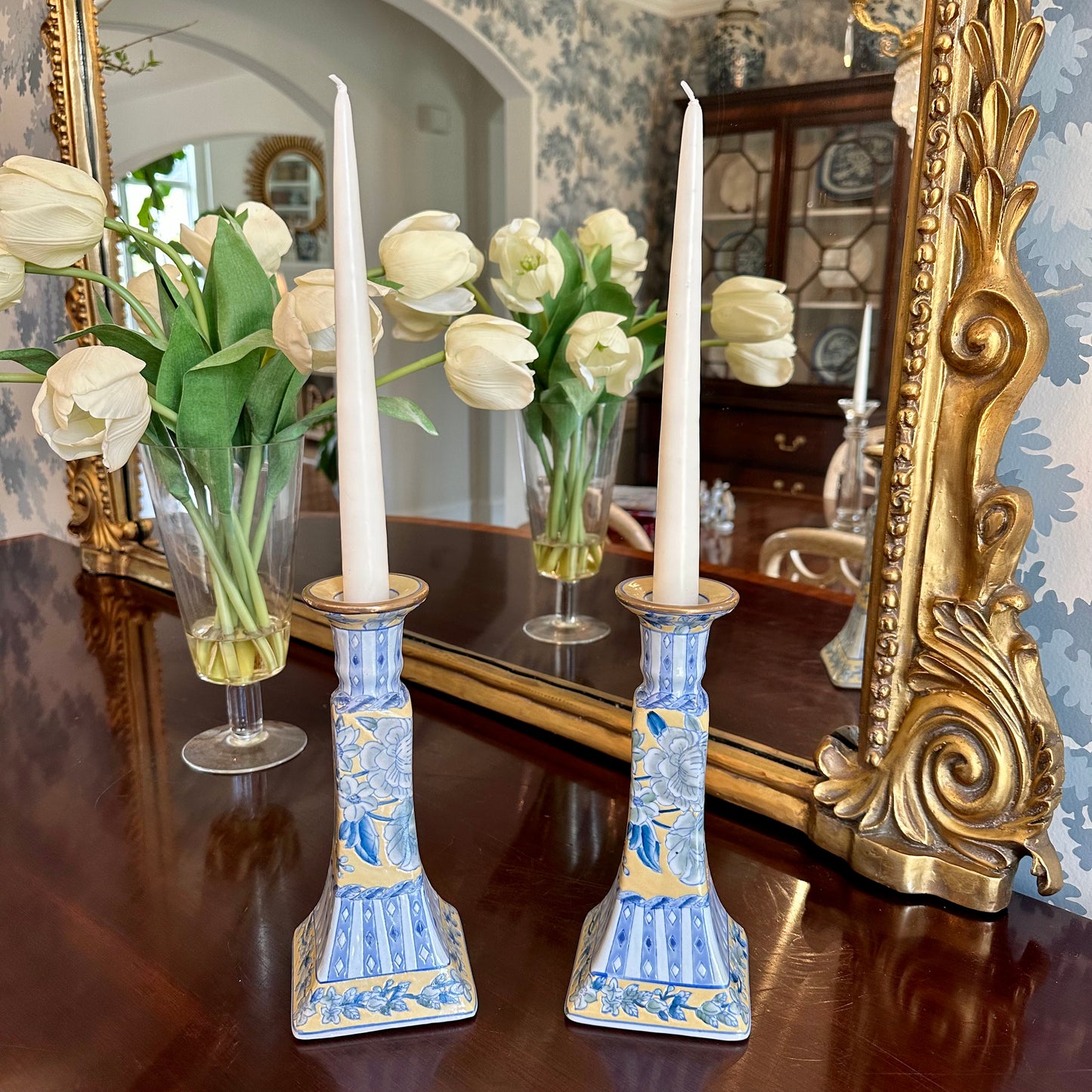 Beautiful Pair of Vintage Chinese Blue & Yellow Candle Holders