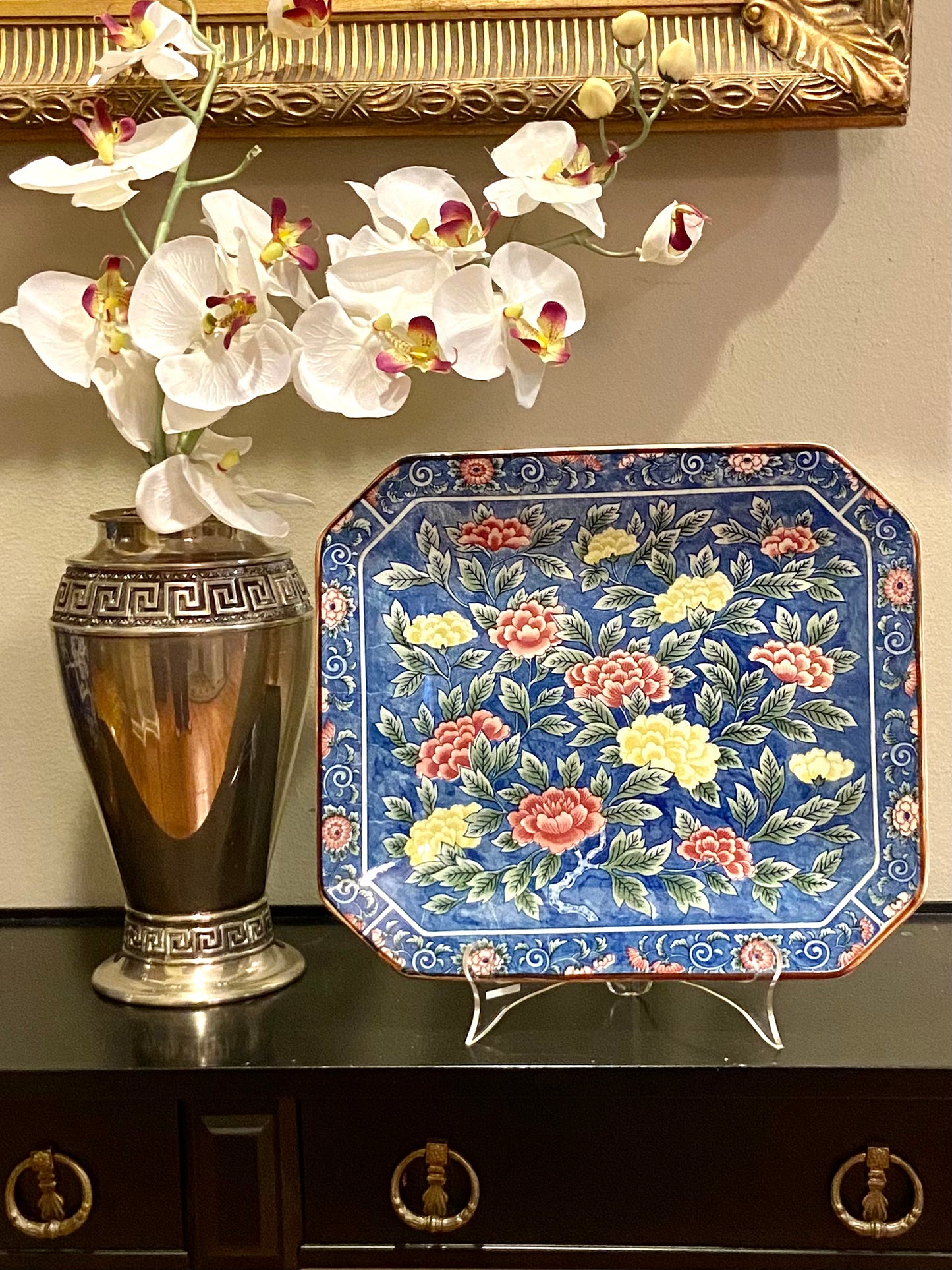 Vintage chinoiserie large botanical blue platter