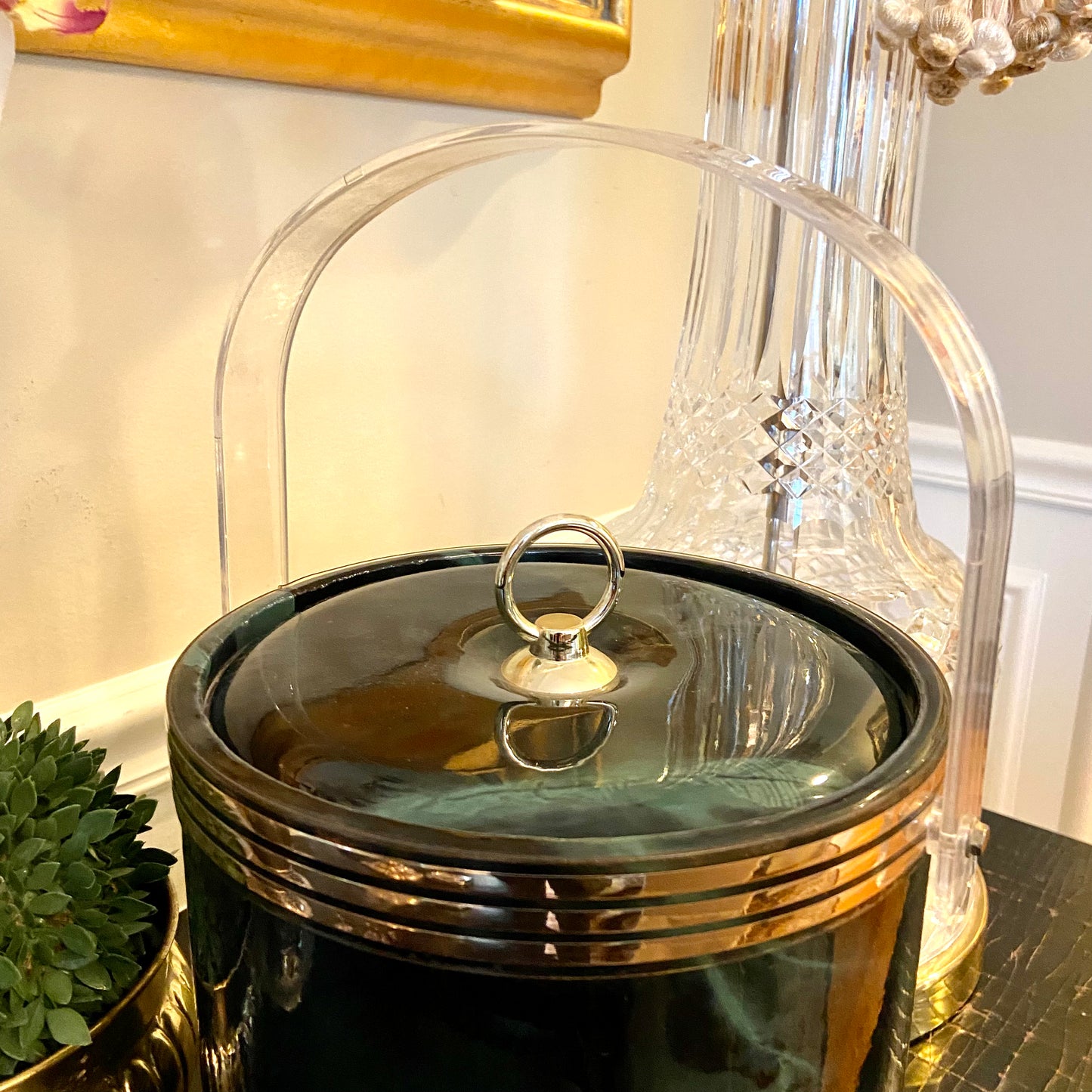 Vintage MCM green & brass retro ice bucket