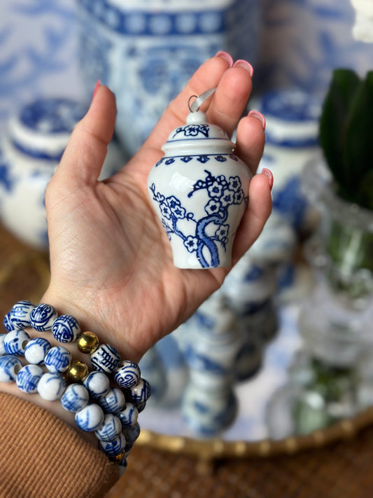PRE-SALE (6) Blue & White Porcelain Ginger Jar Ornament Set, 2.5" Tall