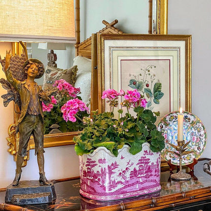 Danny's Fine Porcelain- Pink & White Willow Porcelain Pagoda Scalloped Basin/Planter 12x8x7