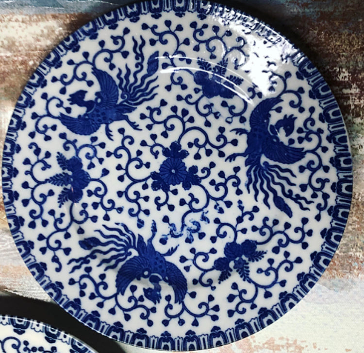 Beautiful Blue and White Chinoiserie Phoenix Porcelain Plates Trio (3)