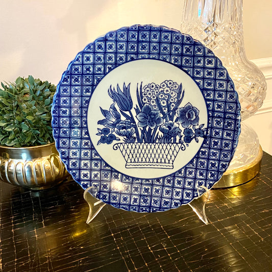Stunning vintage stamped blue and white chinoiserie botanical plate.