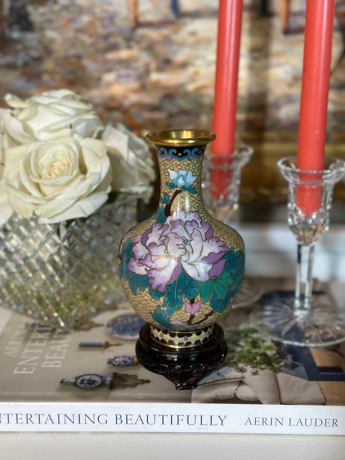 Vintage Cloisonné Purple Floral Vase W/ Stand, 7.5" Tall - Pristine!
