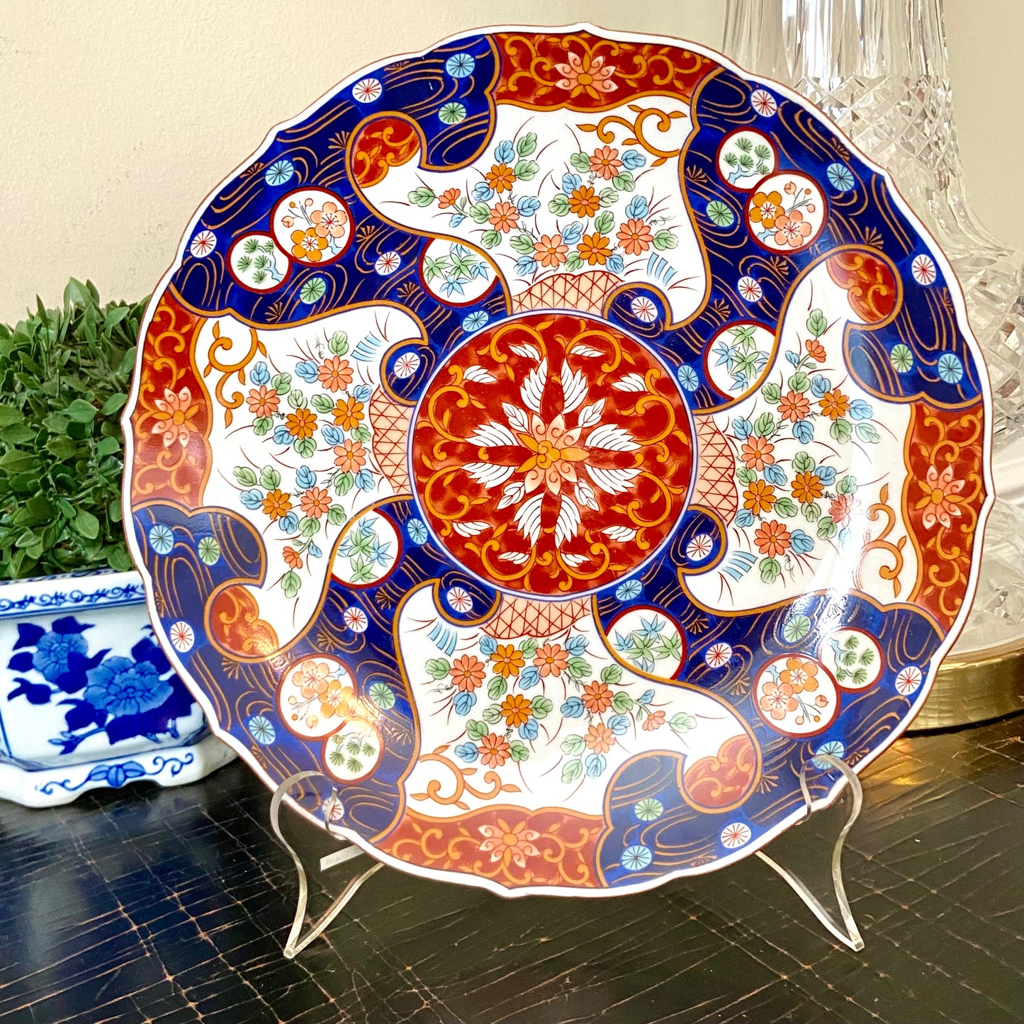 Stunning antique blue and white Imari style porcelain plate.