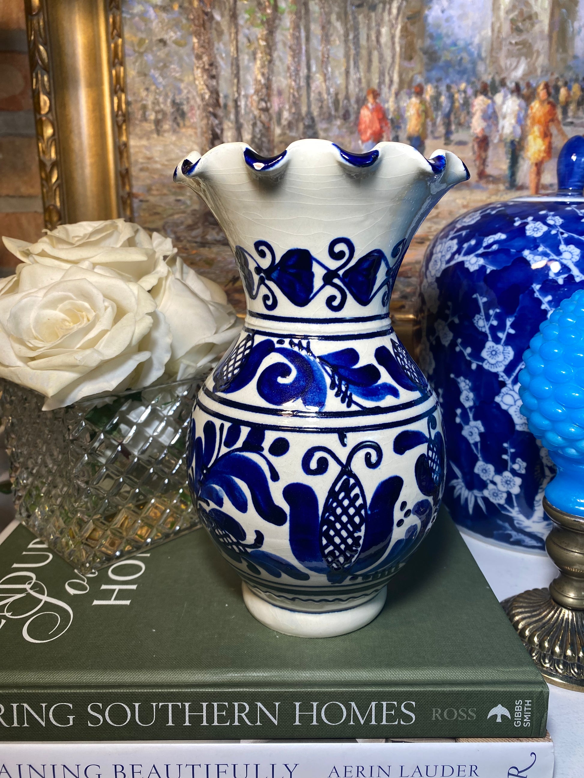 Mexican Pottery Blue White Vase 9