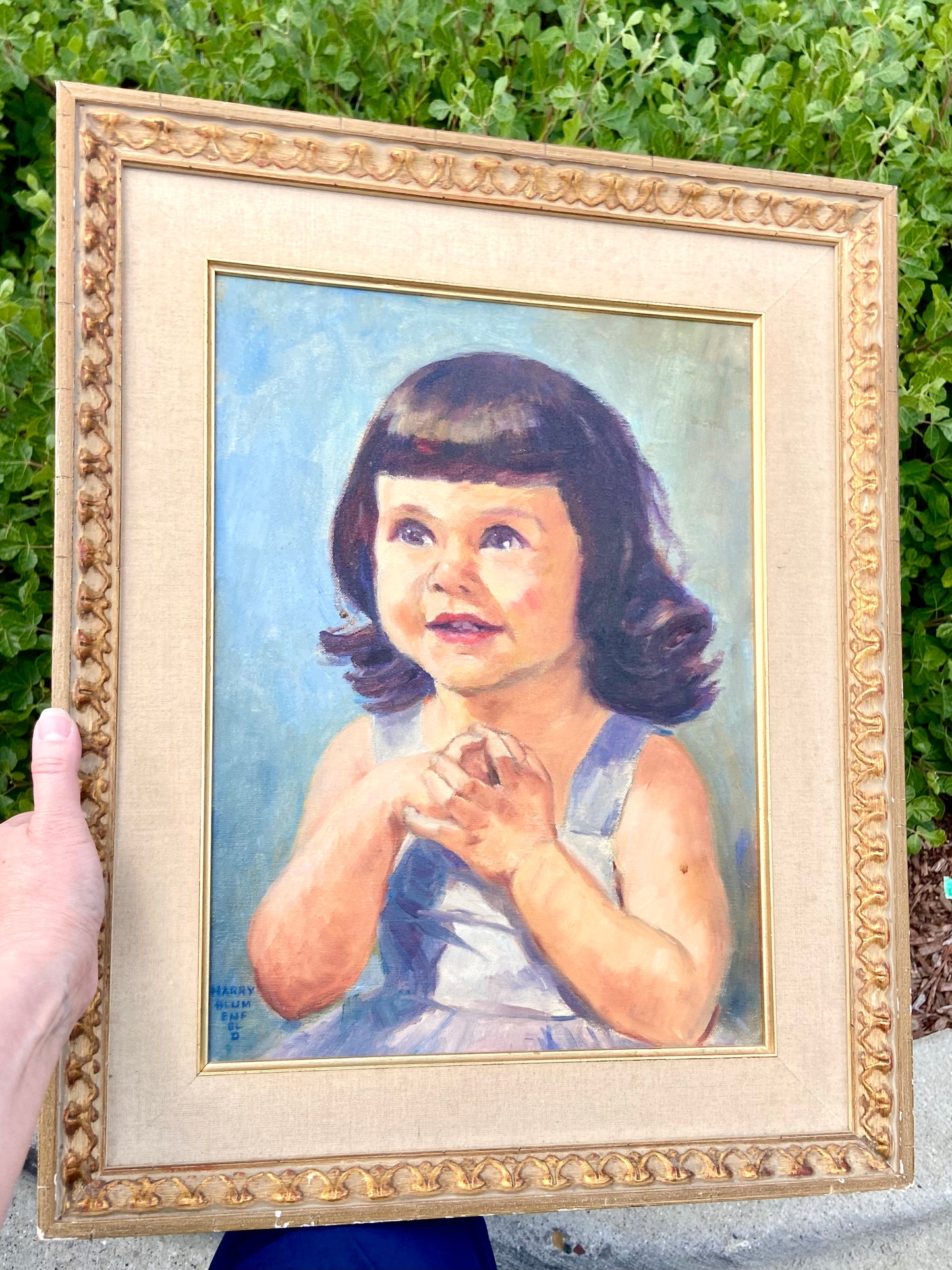 Precious portrait vintage signed original oil painting of little girl.