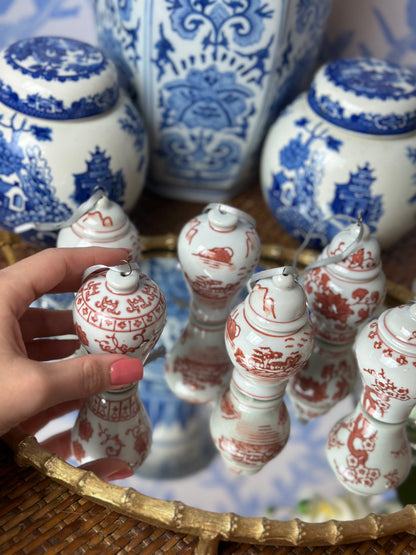 Danny’s Fine Porcelain - (6) Rust & White Porcelain Ginger Jar Ornament Set, 2.5" Tall.