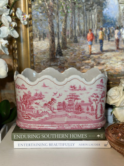 Danny's Fine Porcelain- Pink & White Willow Porcelain Pagoda Scalloped Basin/Planter 12x8x7