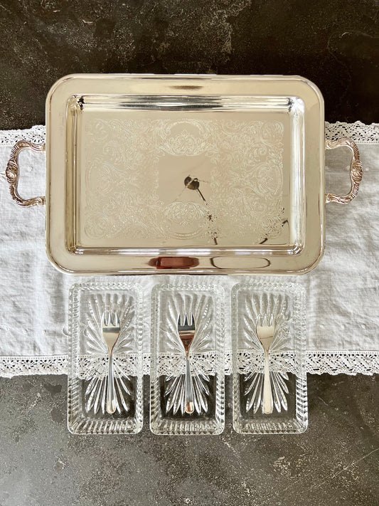 Vintage Italian Silver Plate Footed Relish Tray with Glass Inserts