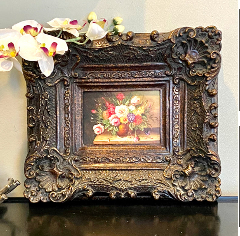 Stunning vintage botanical still life painting on wood in baroque frame wall art