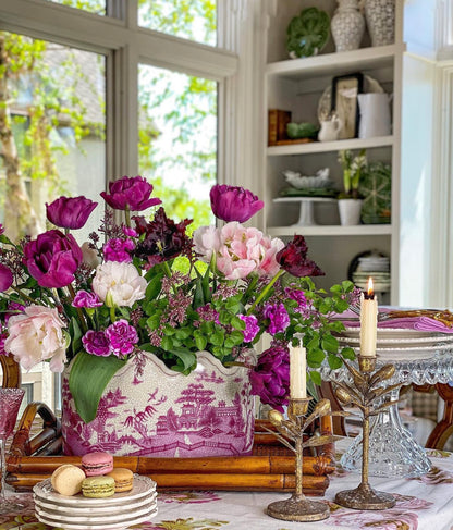 Danny's Fine Porcelain- Pink & White Willow Porcelain Pagoda Scalloped Basin/Planter 12x8x7