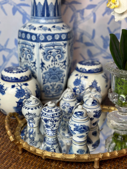 Danny’s Fine Porcelain - (6) Blue & White Porcelain Ginger Jar Ornament Set, 2.5" Tall