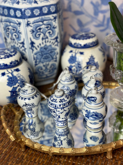 Danny’s Fine Porcelain - (6) Blue & White Porcelain Ginger Jar Ornament Set, 2.5" Tall