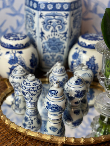Danny’s Fine Porcelain - (6) Blue & White Porcelain Ginger Jar Ornament Set, 2.5" Tall