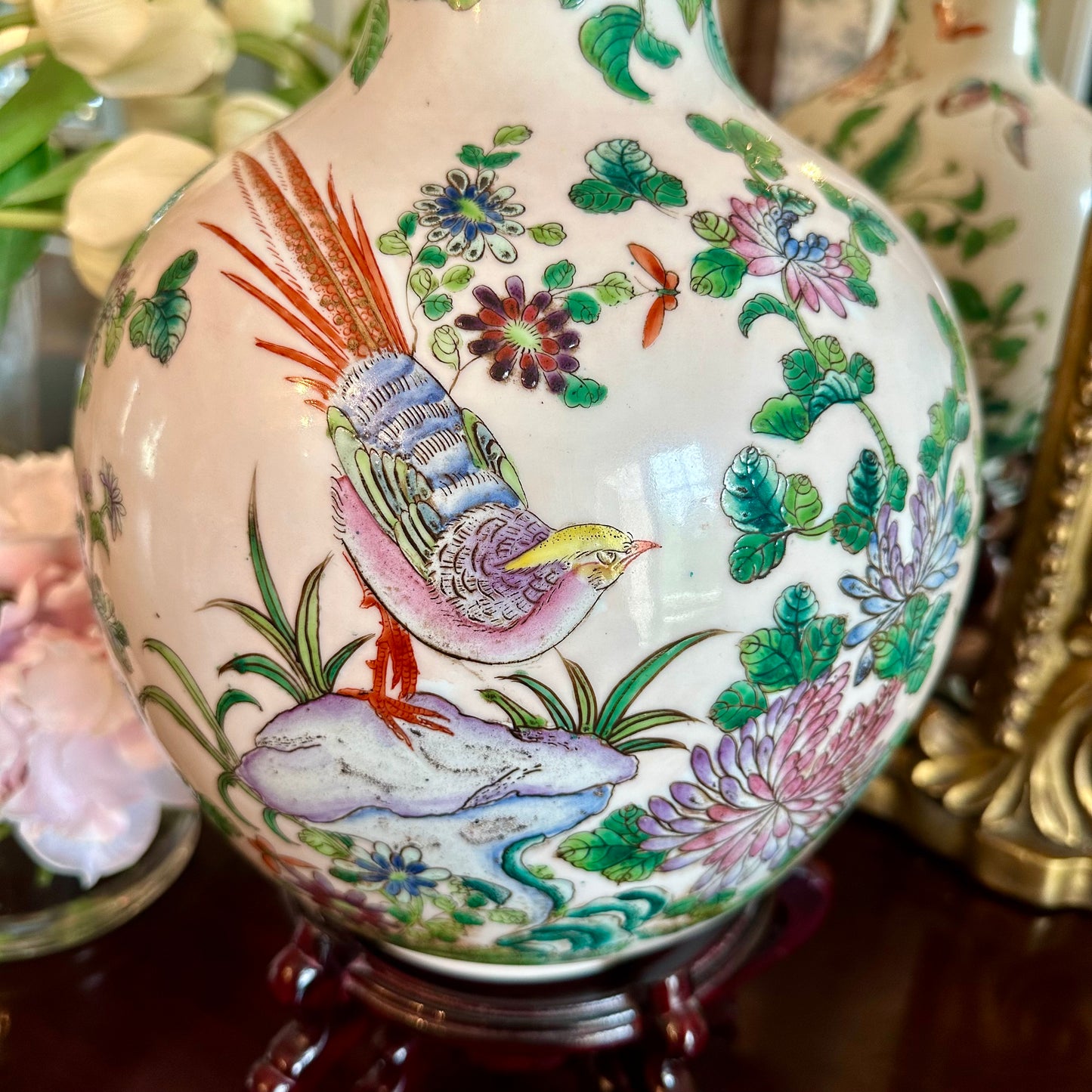 Fabulous Large Pale Pink Chinese Long Neck Vase w Birds on Stand