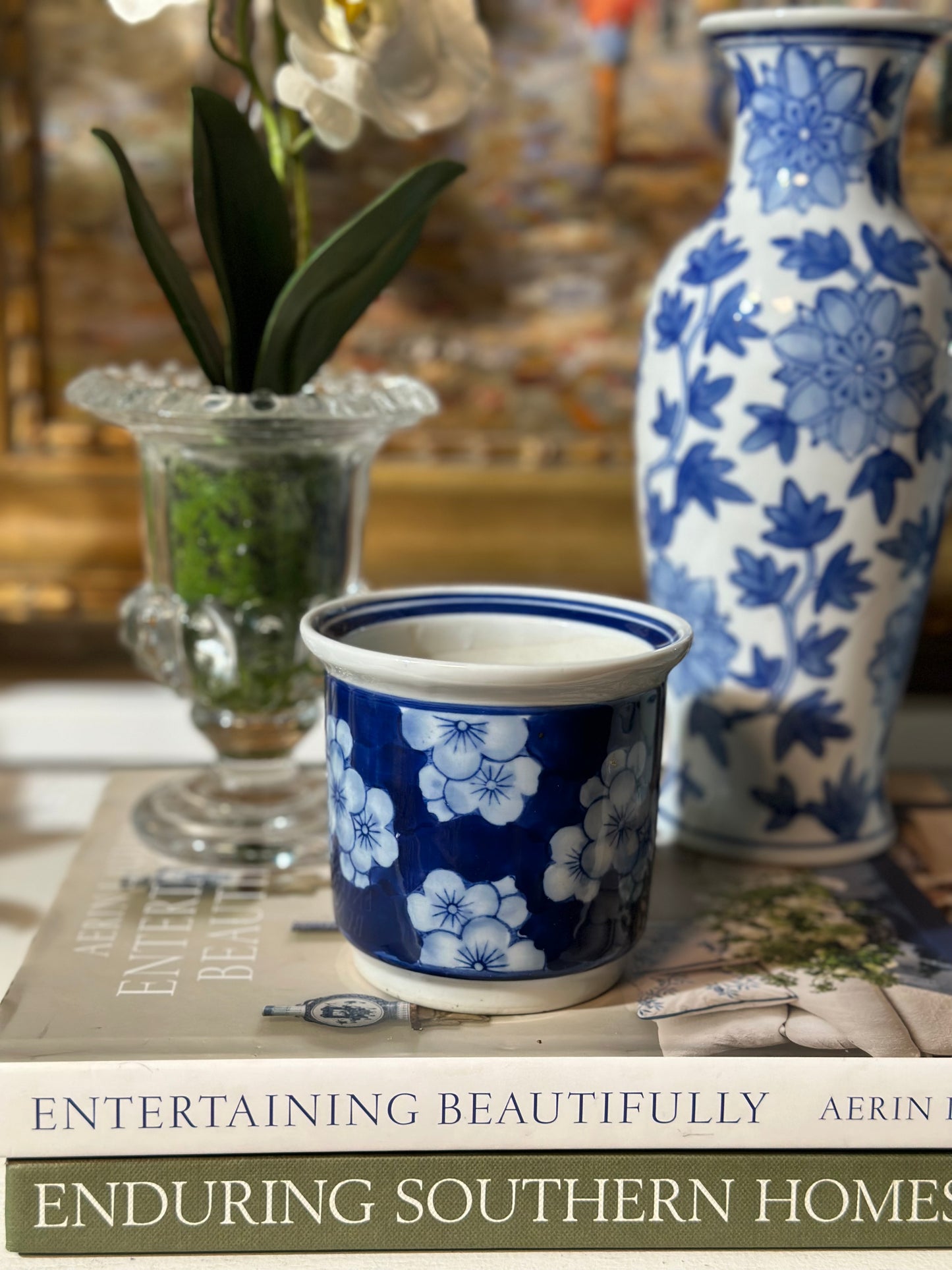 Vintage Petite Blu & White Floral Pot/Vase,  3.5" Tall - Pristine!