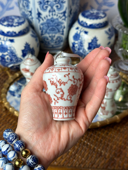 Danny’s Fine Porcelain - (6) Rust & White Porcelain Ginger Jar Ornament Set, 2.5" Tall.