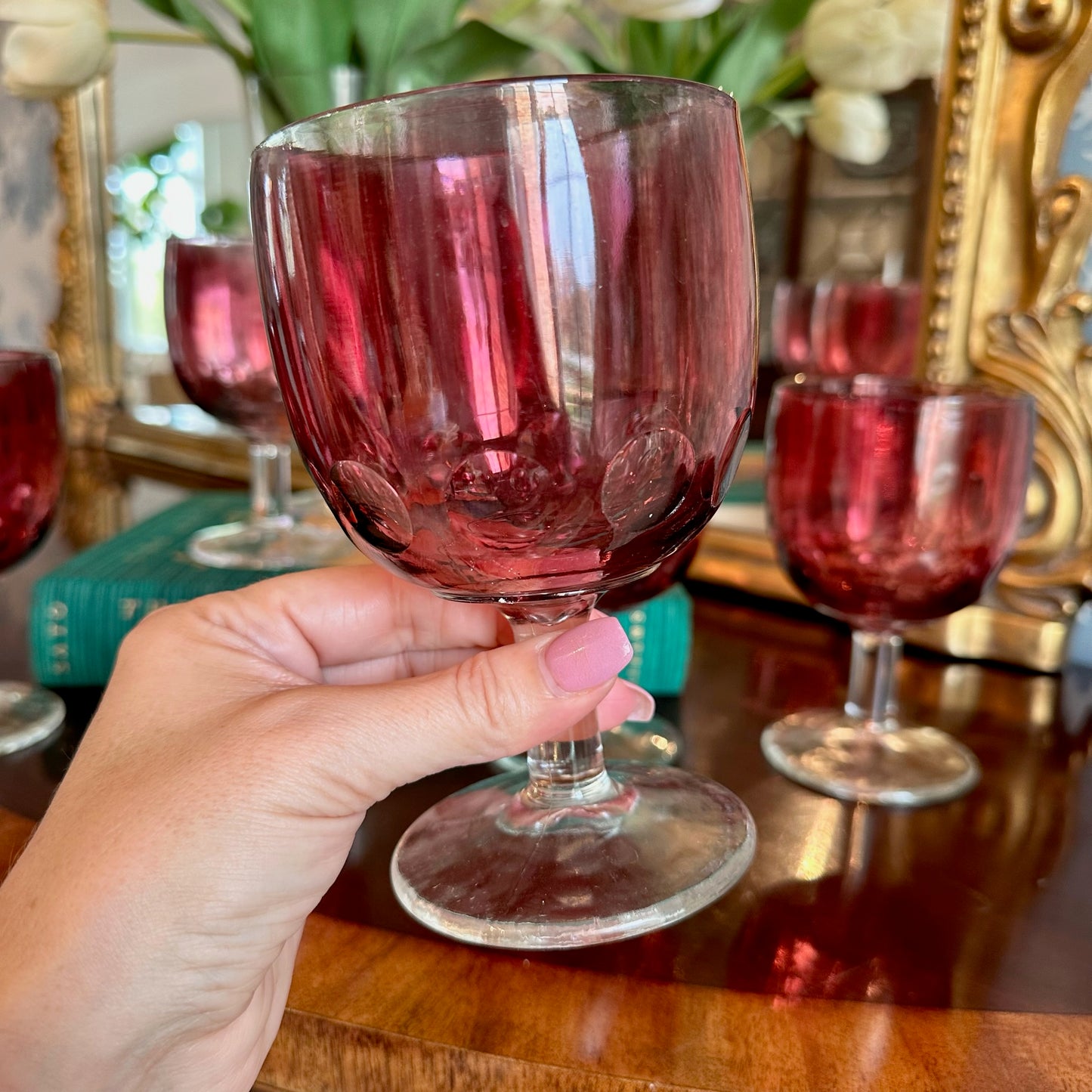 Fun Vintage Set of 6 Ruby Red Flash Glass Goblets