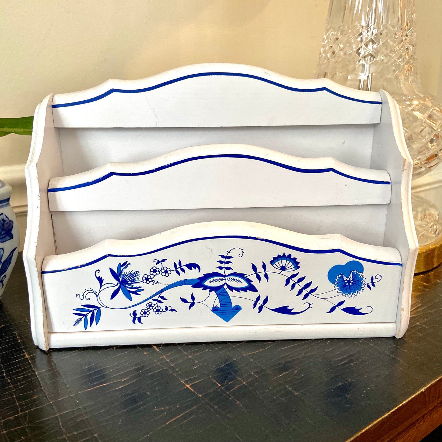 Whimsical vintage wood blue & white wall mail holder