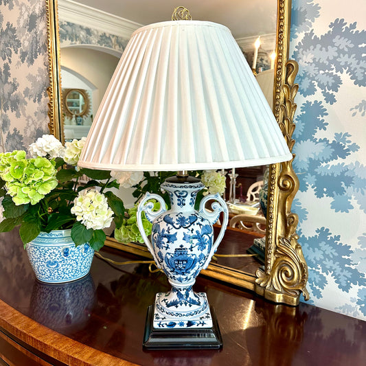 Vintage Elegant Trophy Style Blue & White Lamp, 26.5” high, 8.5” wide - Pristine!