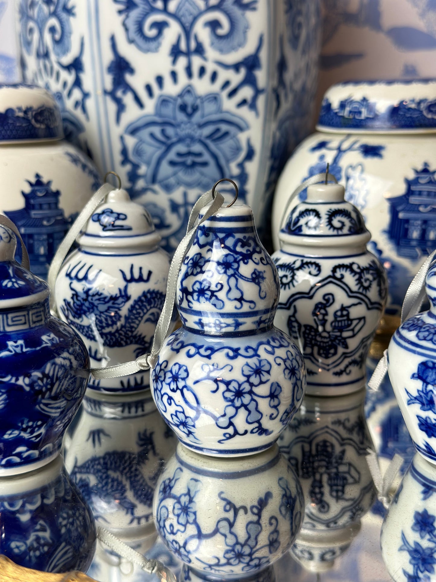 PRE-SALE, (6) Blue & White Chinoiserie Jars Porcelain Ornament Set, 3.5" Tall