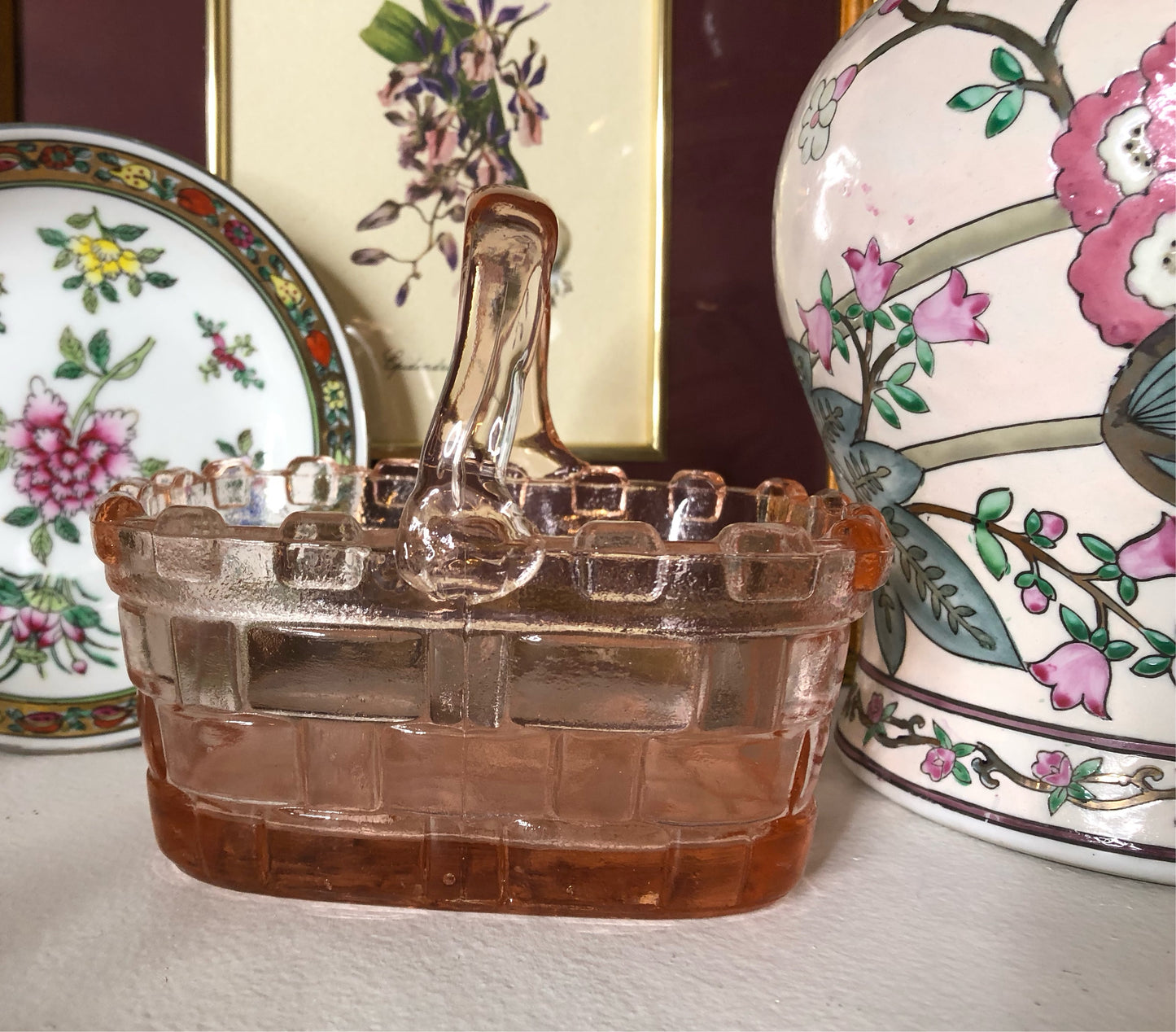 Vintage pink depression glass basket - Excellent condition!