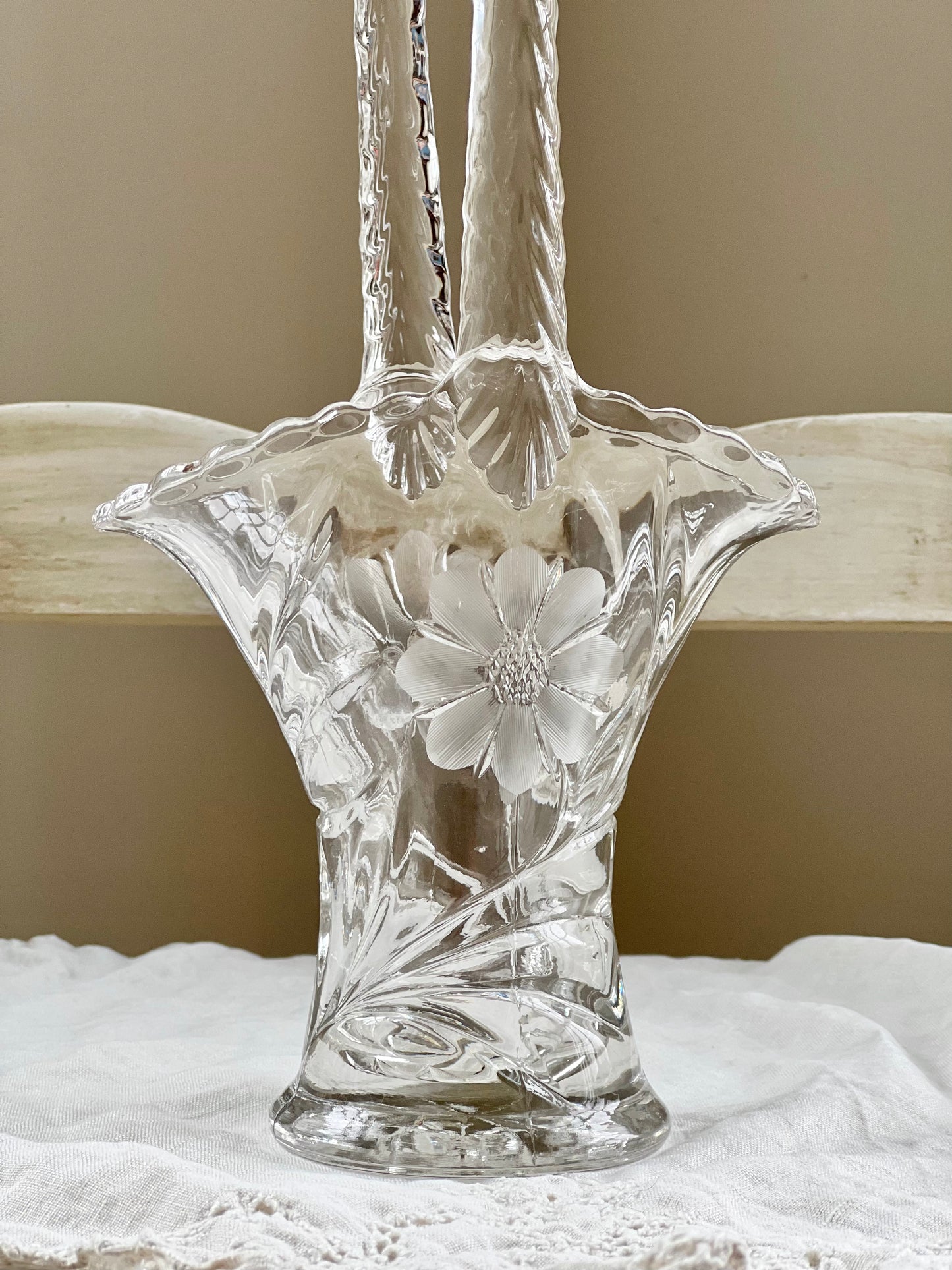Beautiful Etched Glass Basket Shaped Vase