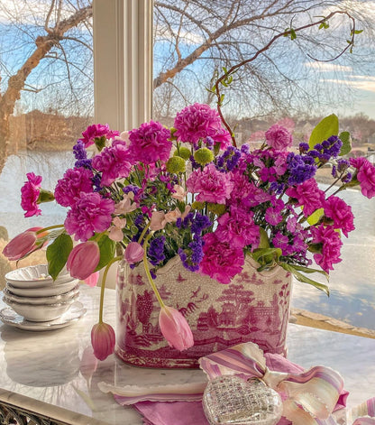 Danny's Fine Porcelain- Pink & White Willow Porcelain Pagoda Scalloped Basin/Planter 12x8x7