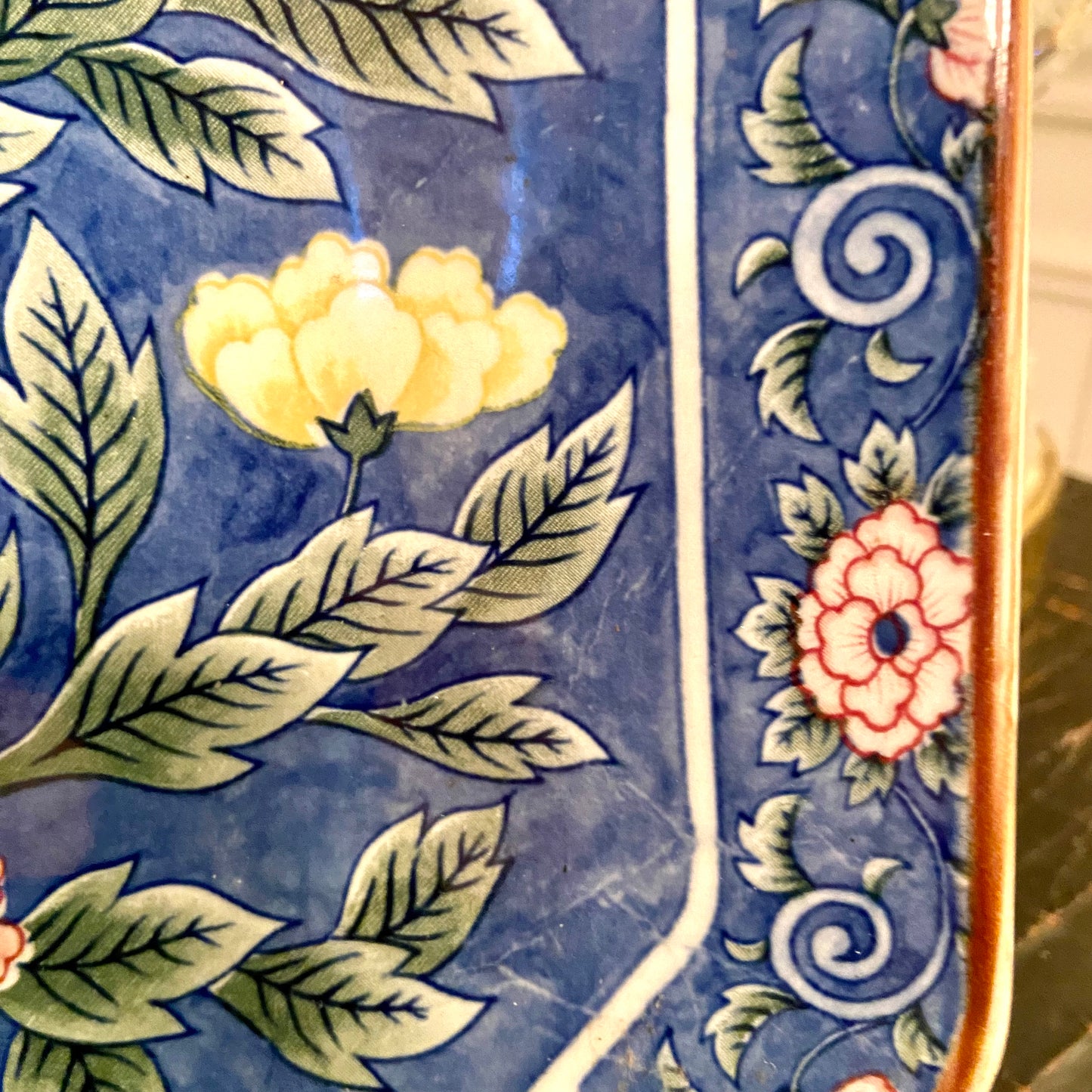 Vintage chinoiserie large botanical blue platter