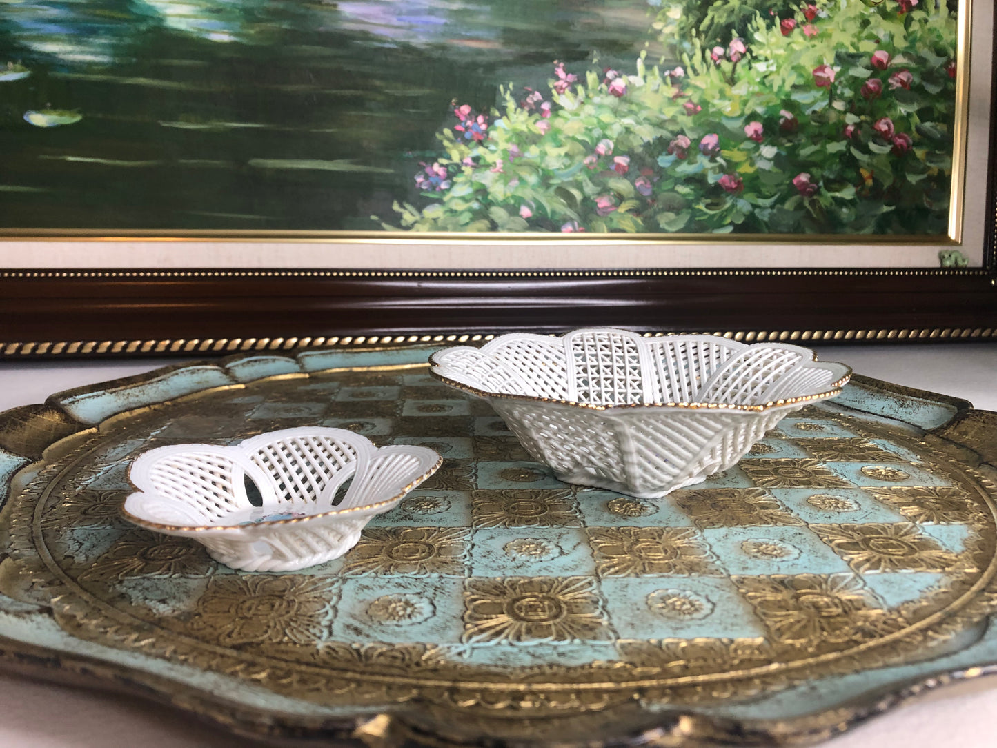Vintage pair of Reticulated woven lace floral trinket dishes- Excellent condition!