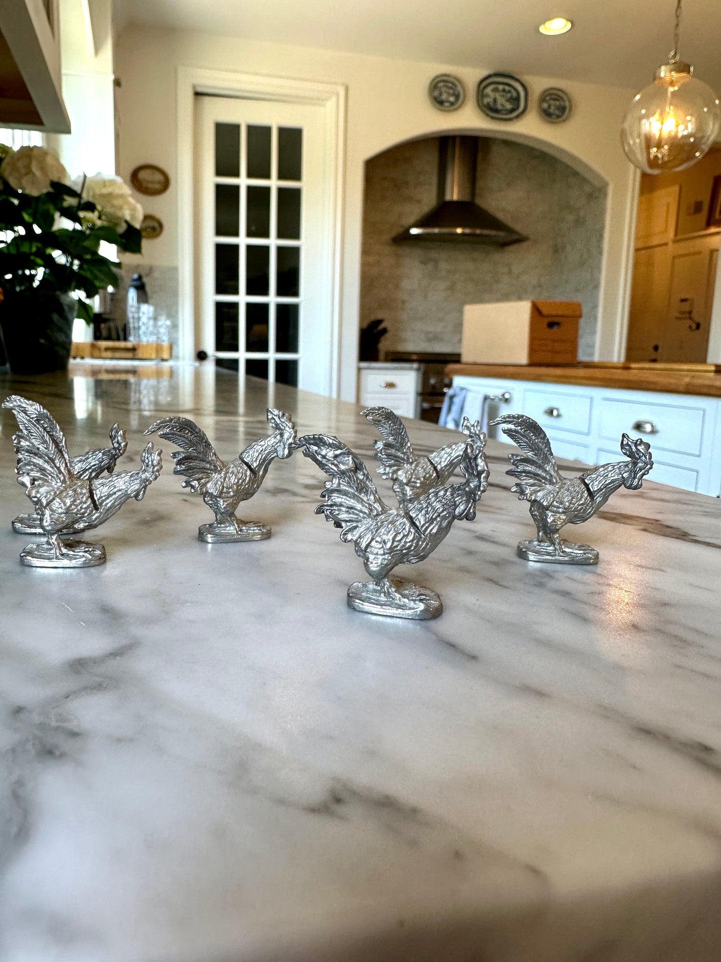 Cutest Set of 6 Pewter Rooster Place Card Holders