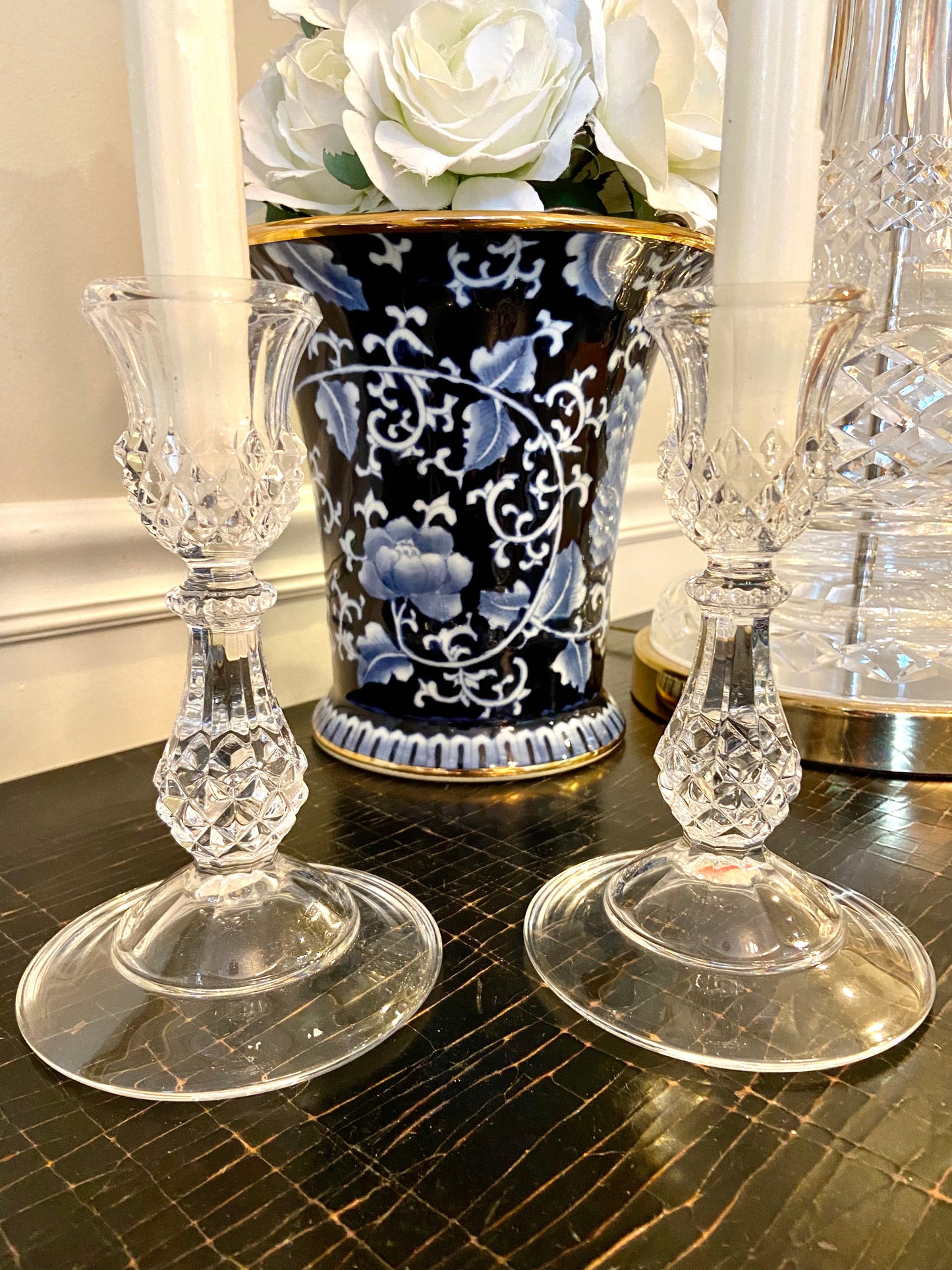 Stunning French designer vintage crystal candlestick holders.