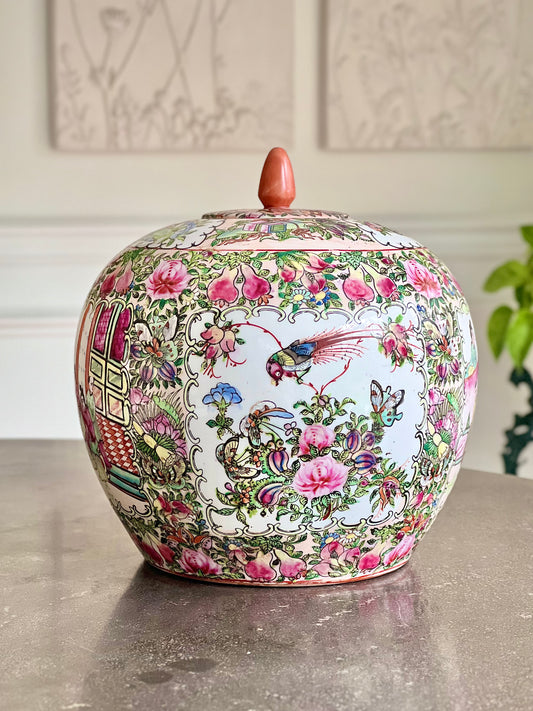 Vintage Rose Medallion Melon Jar, 10.5”, 9.5” wide.