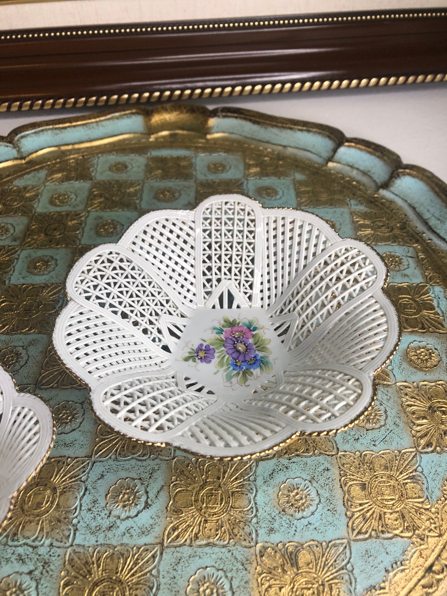 Vintage pair of Reticulated woven lace floral trinket dishes- Excellent condition!