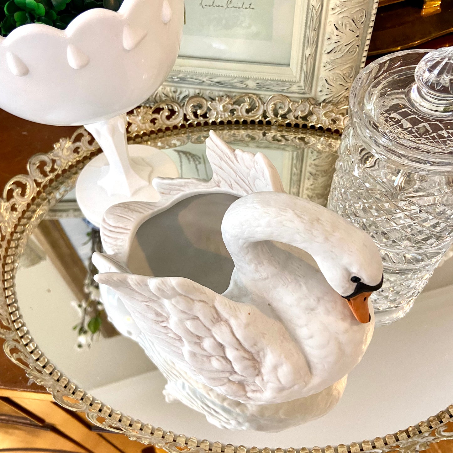 Vintage white swan centerpiece planter By designer Napco