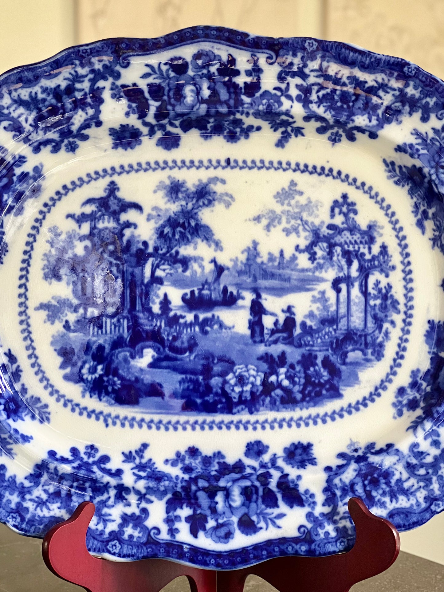 Antique Flow Blue “Fairy Villas” Platter by W. Adams, 17.25” x 14.5”